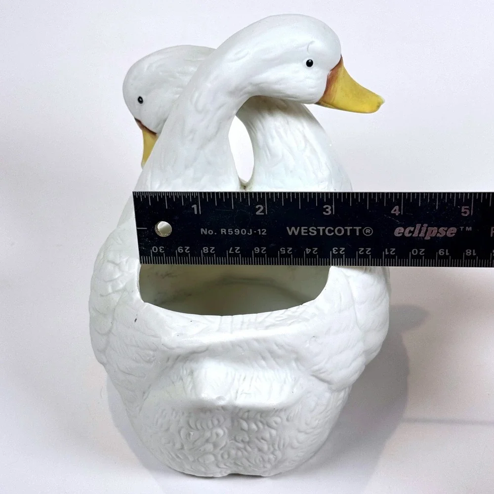 Vintage Double Duck White Cuddle Ducks Geese Figurine Planter Pot